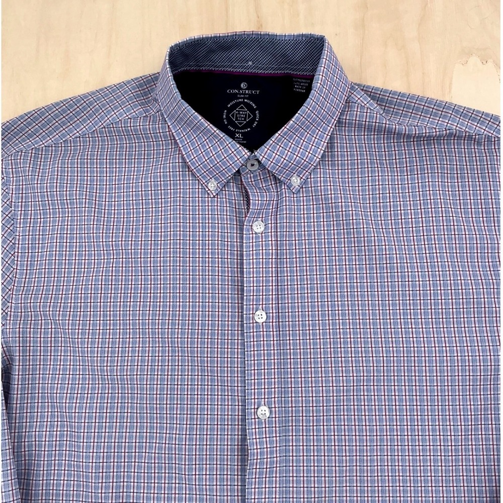 Con.Struct Shirt Mens XL Blue Plaid 4-Way Stretch Slim Fit Performance Preppy